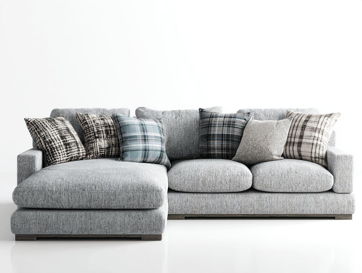 Divano angolare tessuto 285×185 cm – grigio chiaro – con chaise longue e cuscini decorativi