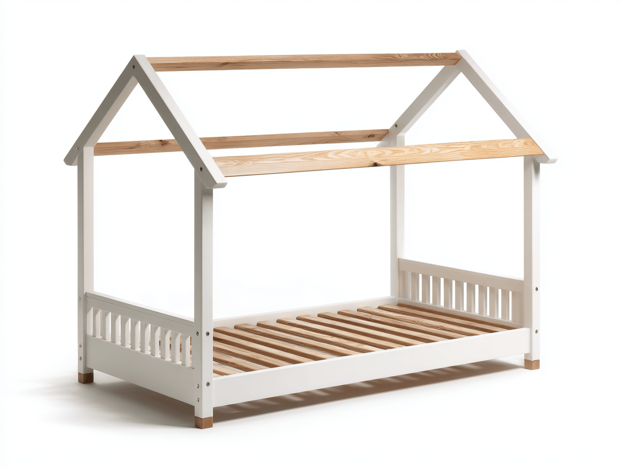 Letto a casetta in legno 90×200 cm – bianco e legno naturale – con tetto aperto e struttura semplice