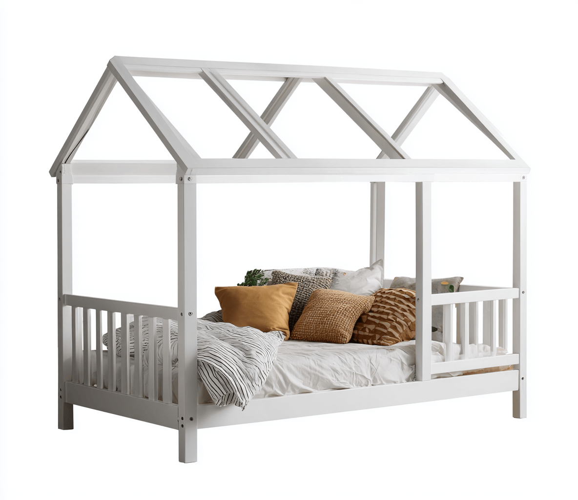 Letto a casetta in legno 90×200 cm – bianco – con cuscini decorativi