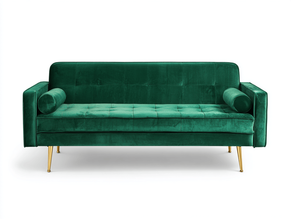 Divano lineare 3 posti in velluto 198×87×84 cm – verde smeraldo – con cuscini cilindrici