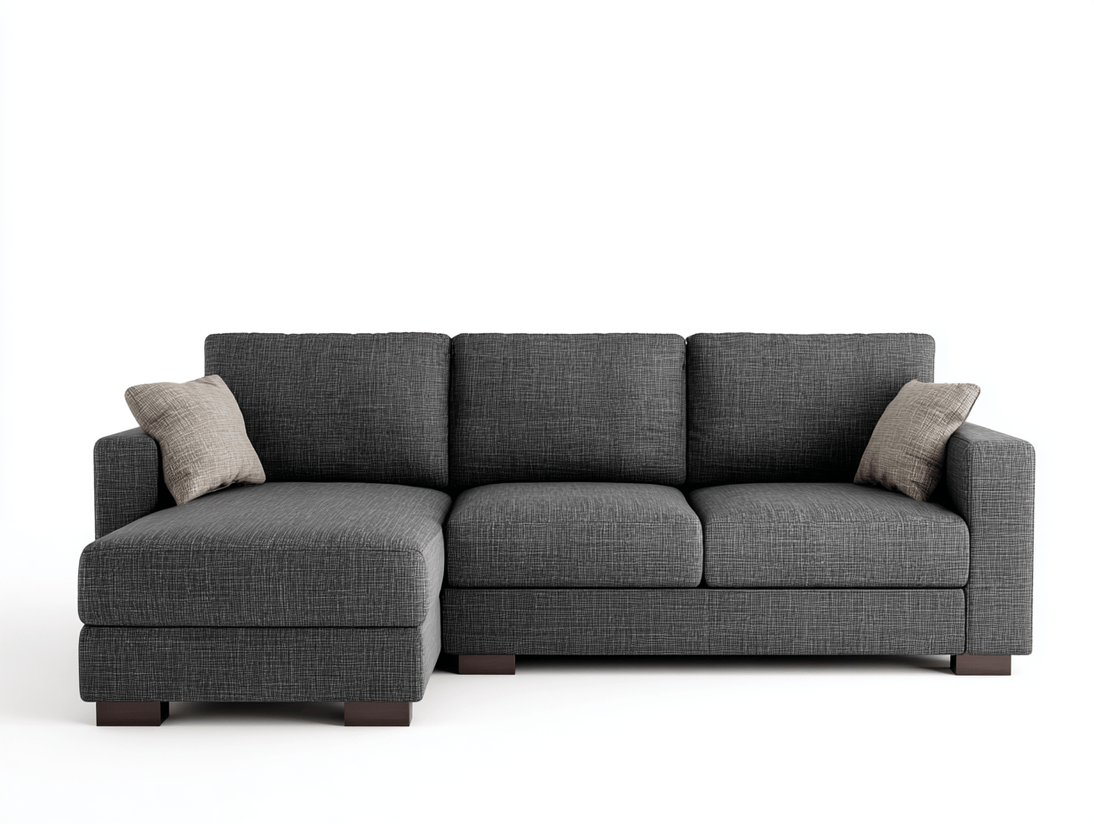 Divano angolare tessuto 265×160 cm – grigio scuro – con chaise longue e cuscini