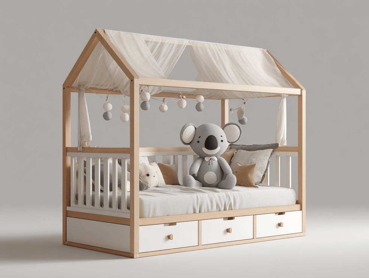 Letto a casetta con cassetti in legno massiccio e MDF 90×200 cm – bianco/naturale – con tende e sponde a doghe-Comfyia