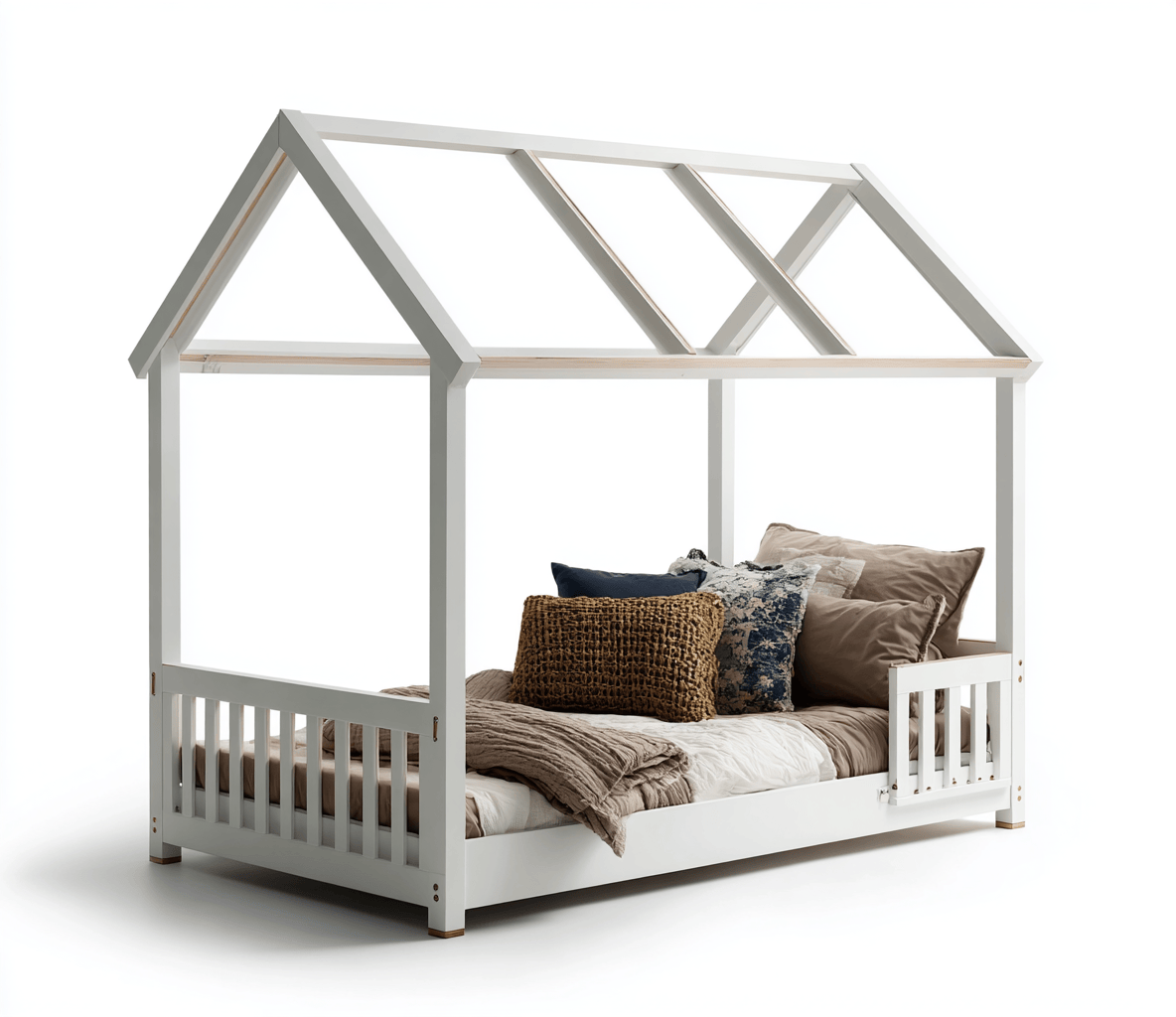 Letto a casetta in legno 90×200 cm – bianco – con set di cuscini decorativi