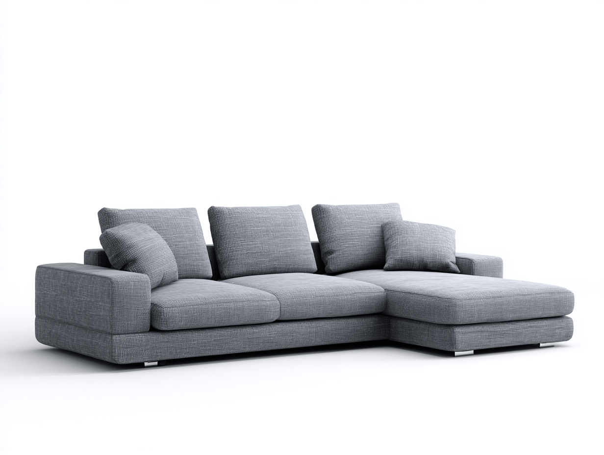 Divano angolare in tessuto 300×190×88 cm – grigio chiaro – con chaise longue e cuscini