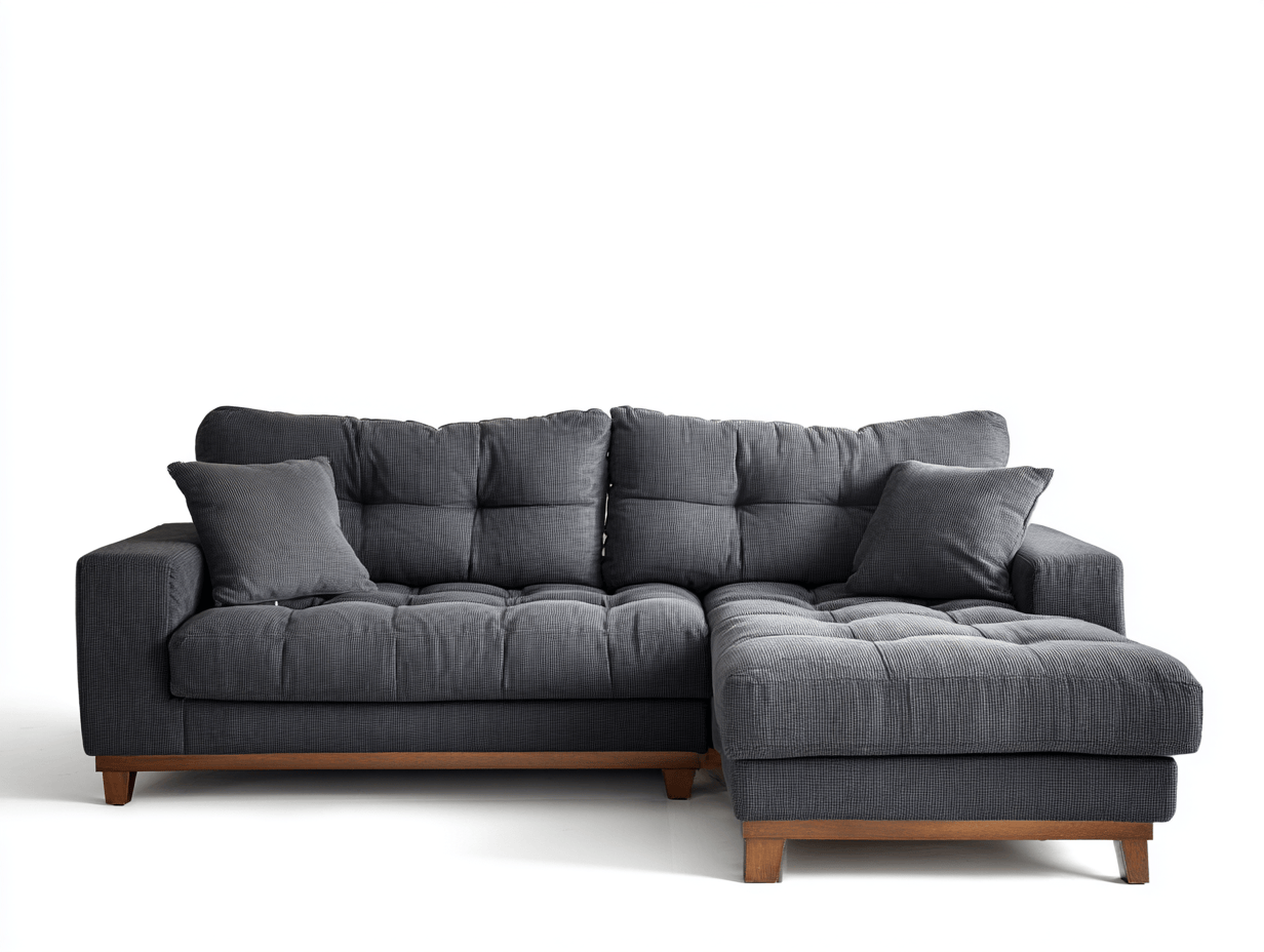 Divano angolare tessuto 270×165 cm – grigio scuro – con chaise longue e cuscini