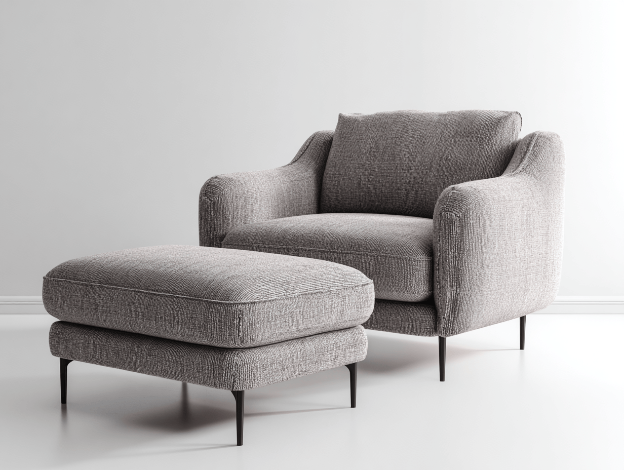 Poltrona ampia rivestita in tessuto con poggiapiedi – grigio – stile moderno con gambe in metallo