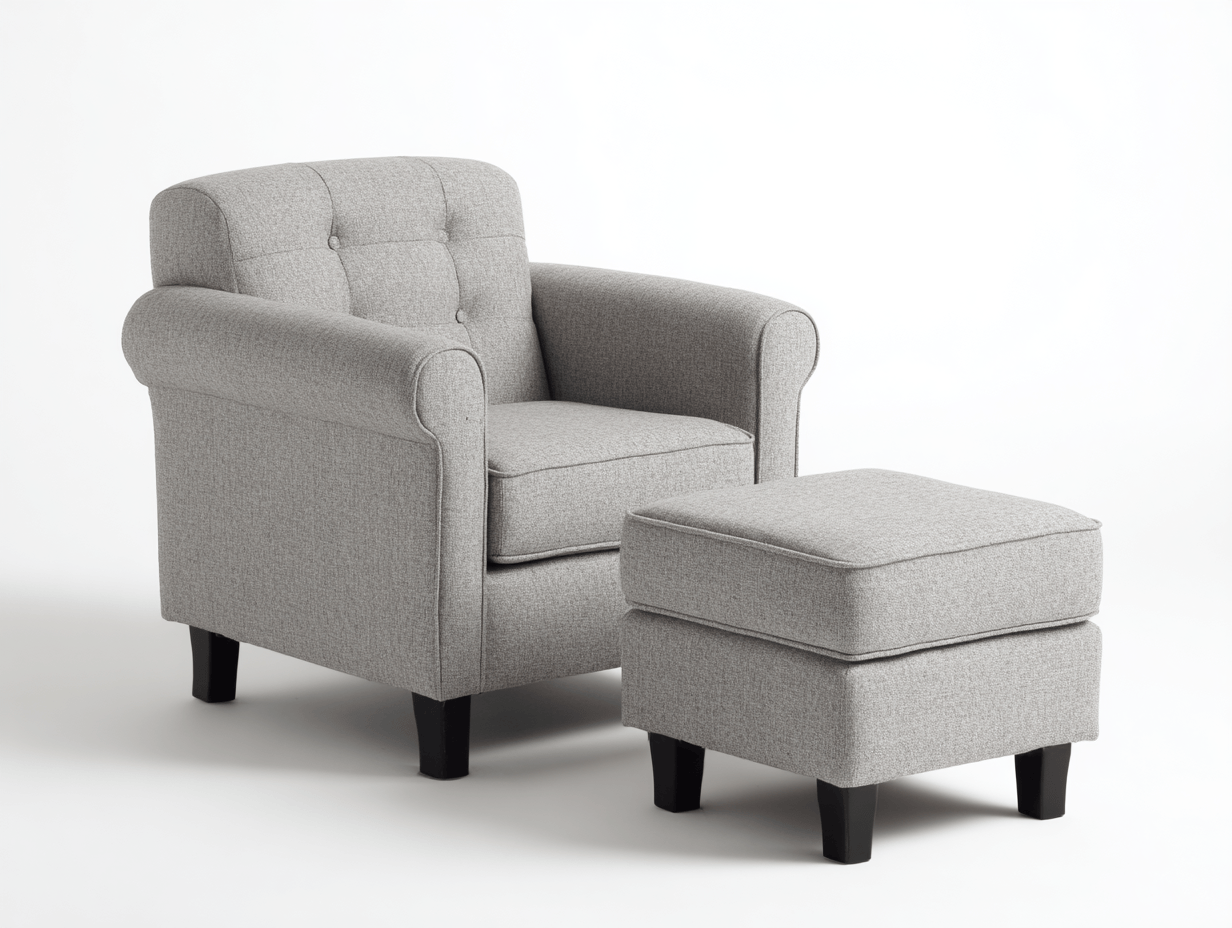 Poltrona in tessuto con pouf – 90×85×100 cm – grigio chiaro – stile classico e comfort relax