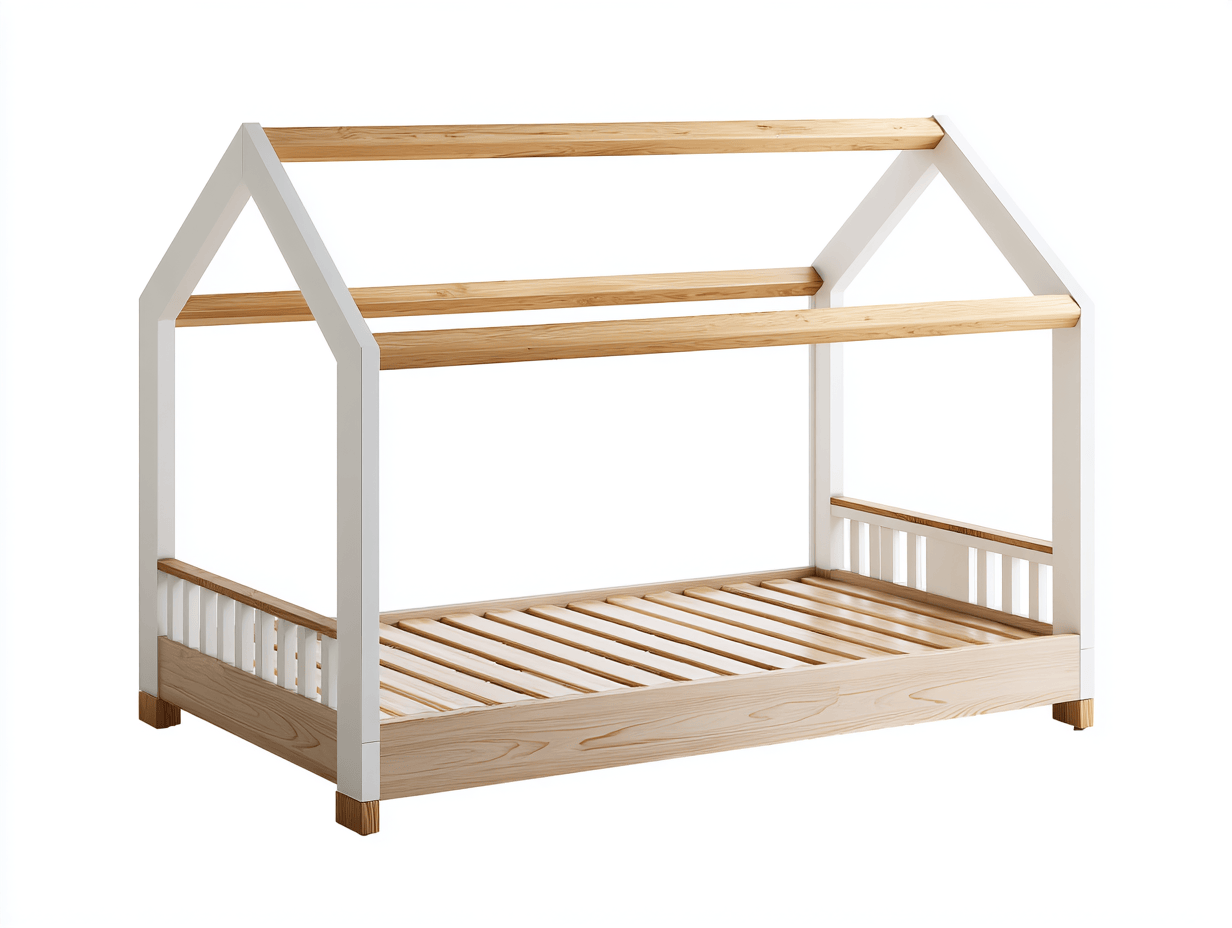 Letto a casetta in legno 90×200 cm – bianco e legno naturale – con tetto aperto e base in legno