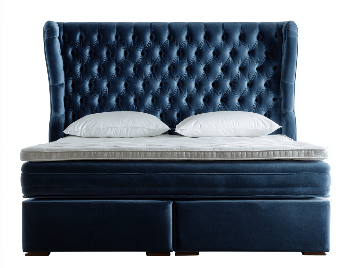 Letto boxspring imbottito 180×200 cm – velluto blu scuro – con materasso e cuscini inclusi