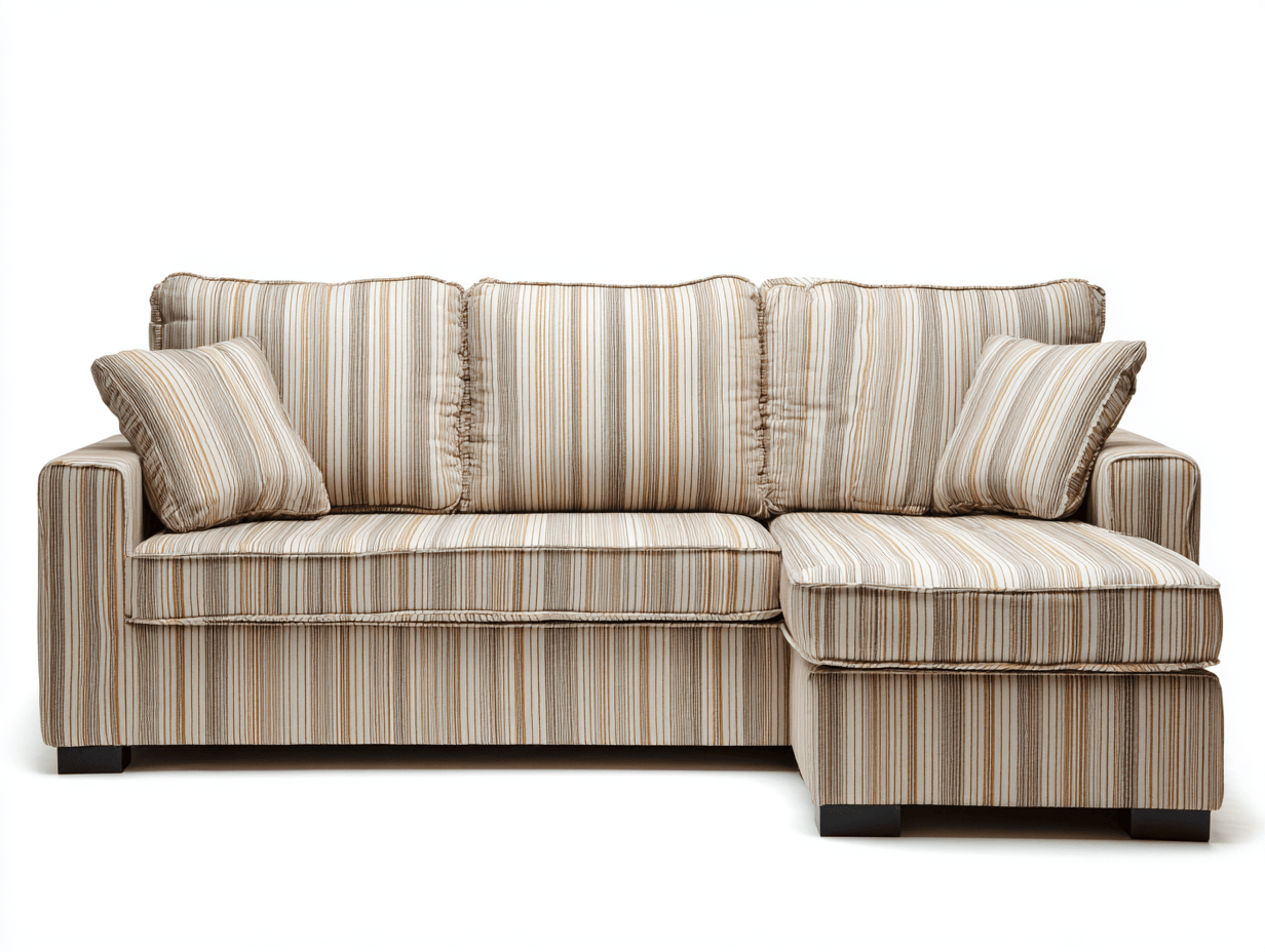 Divano angolare tessuto 280×170 cm – beige righe – con chaise longue e cuscini