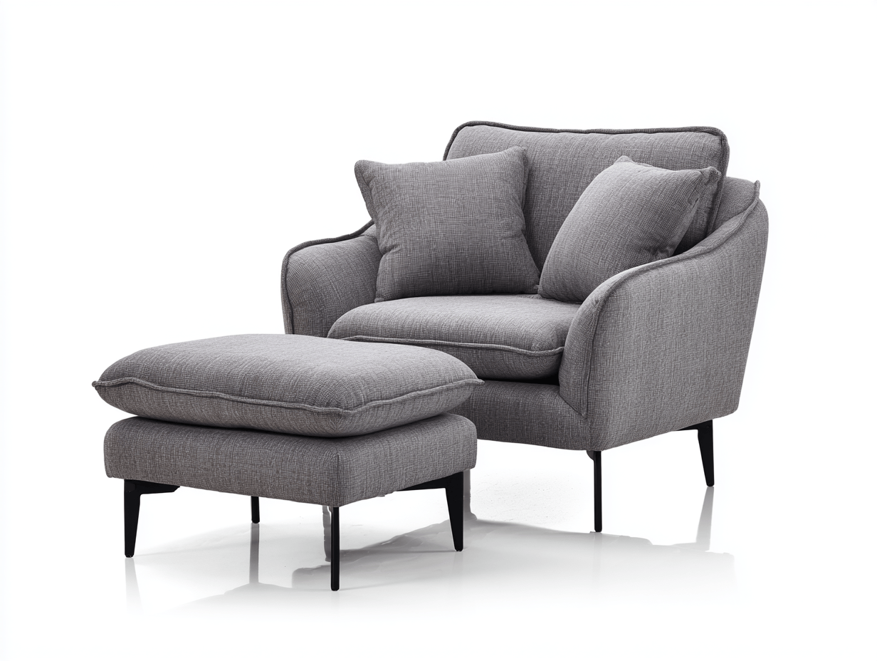 Poltrona imbottita in tessuto con poggiapiedi e cuscini decorativi – grigio – design moderno accogliente-Comfyia