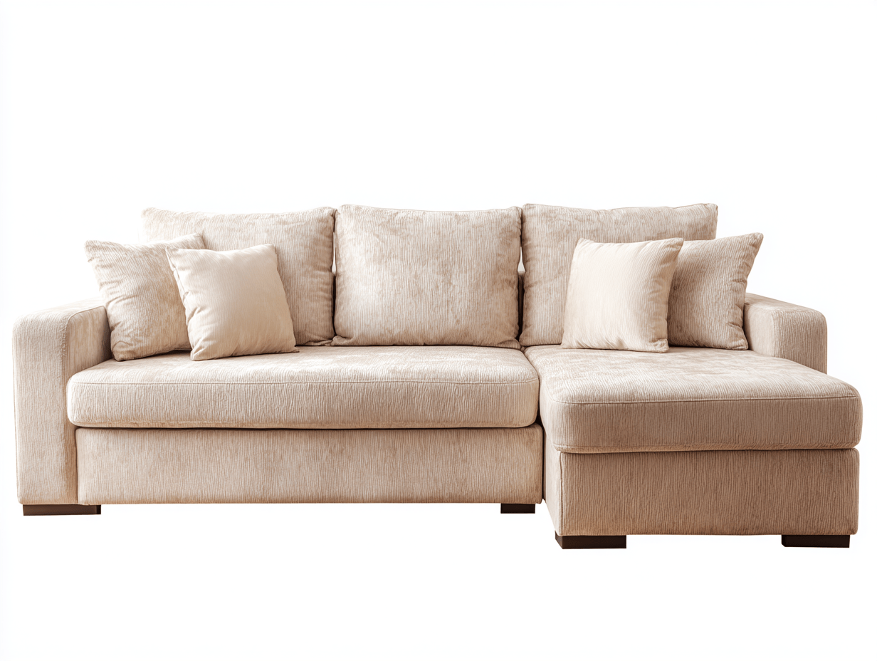 Divano angolare tessuto 285×180 cm – beige – con chaise longue e cuscini coordinati