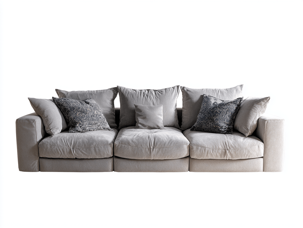 Divano lineare 4 posti in tessuto 270×96 cm – grigio chiaro – stile moderno con cuscini decorativi