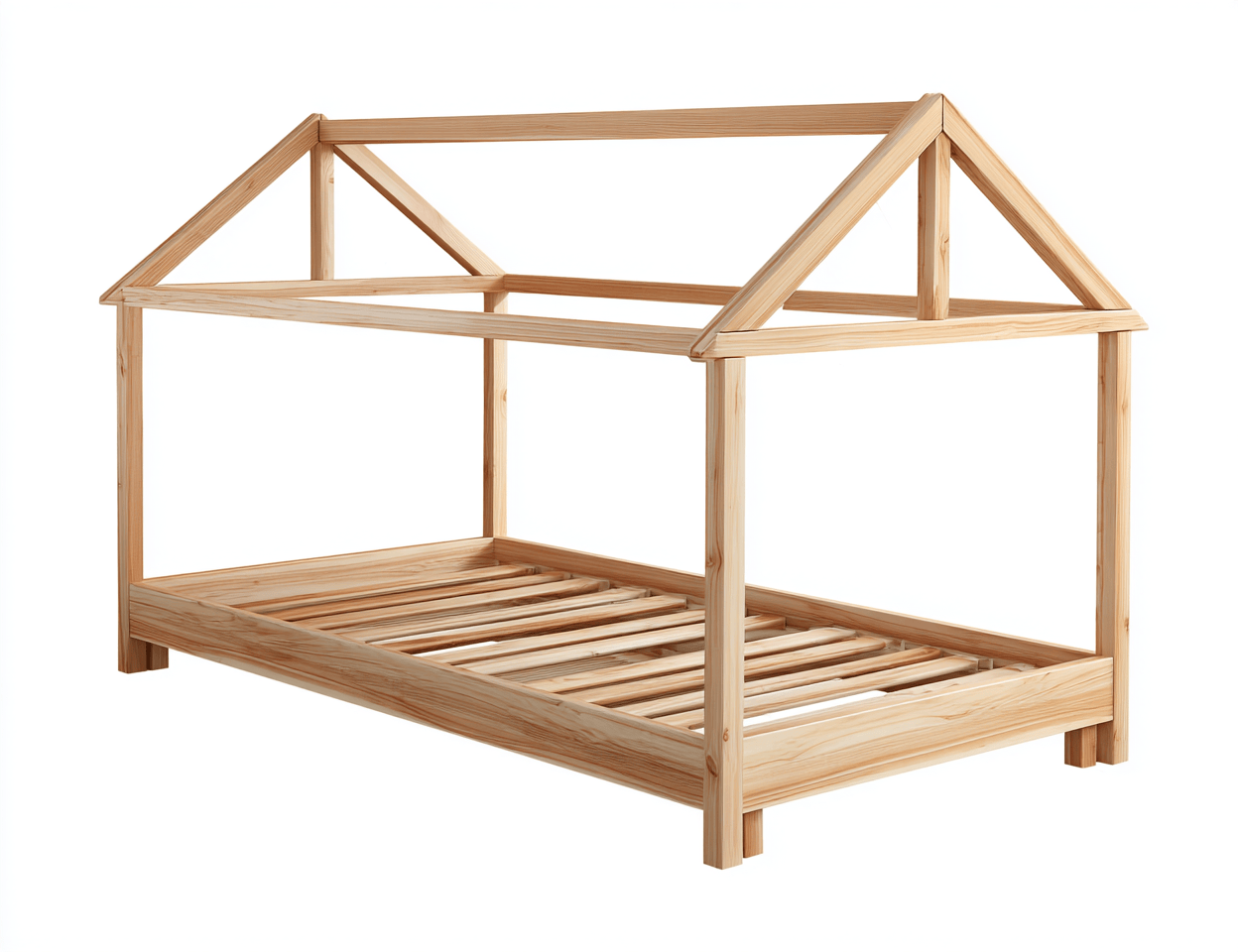Letto a casetta in legno di pino naturale 90×200 cm – stile Montessori – struttura con tetto