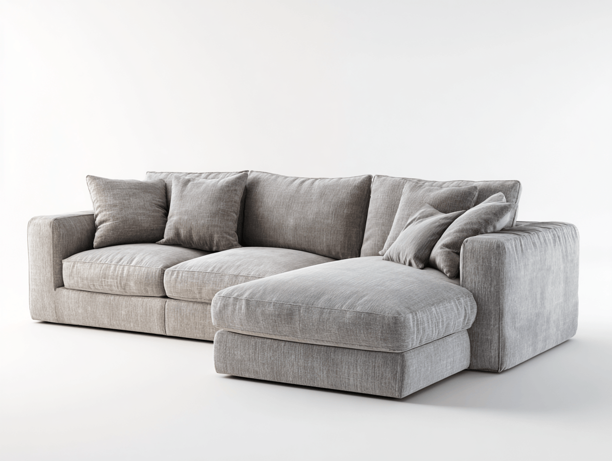 Divano angolare tessuto 280×180 cm – grigio chiaro – con chaise longue e seduta imbottita