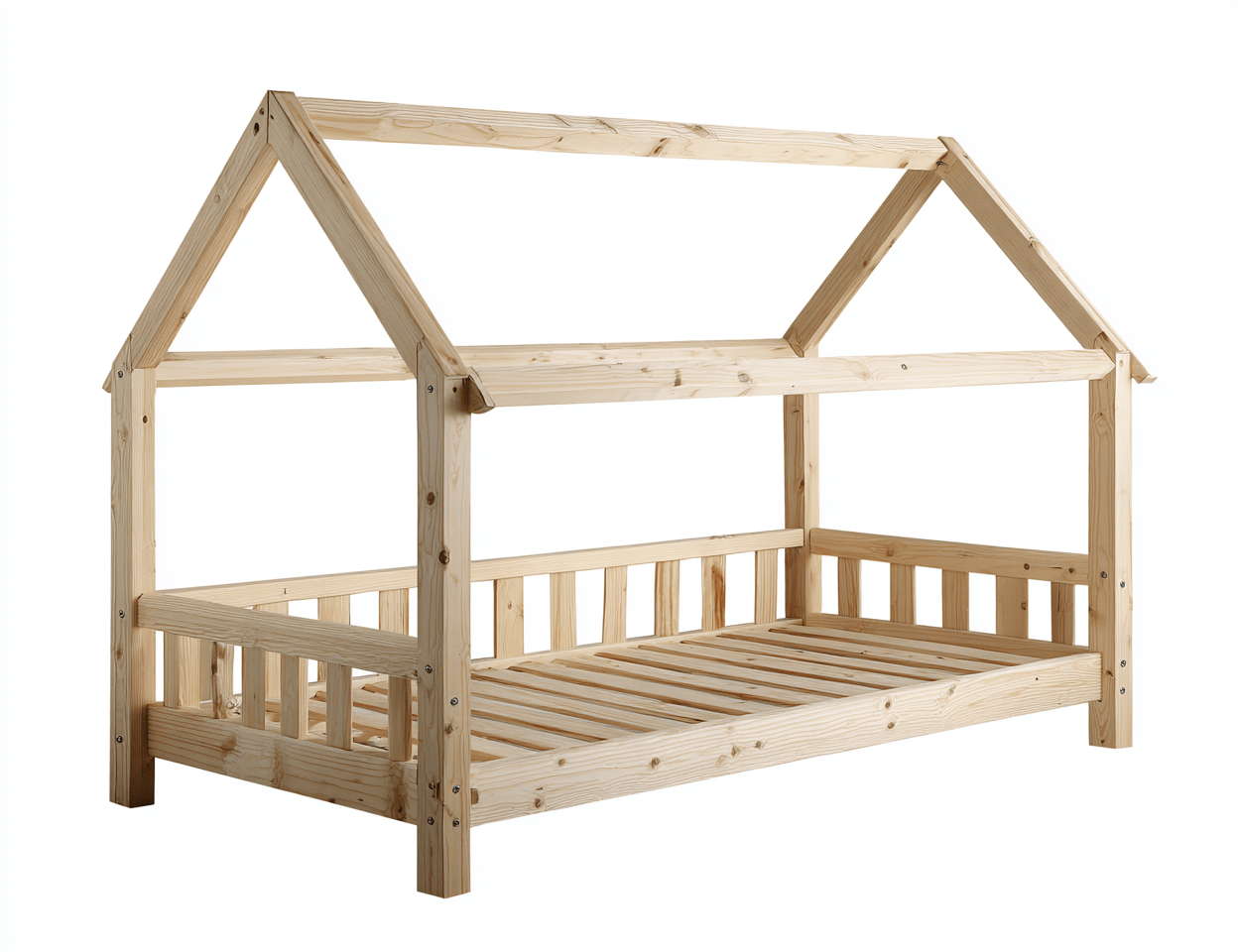 Letto a casetta in legno di pino 160×80 cm – color legno naturale – con struttura aperta e sponde laterali-Comfyia