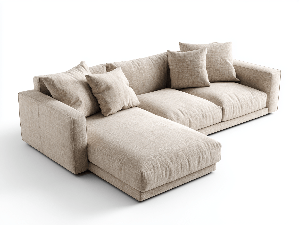 Divano angolare tessuto 285×175 cm – beige – con chaise longue e cuscini