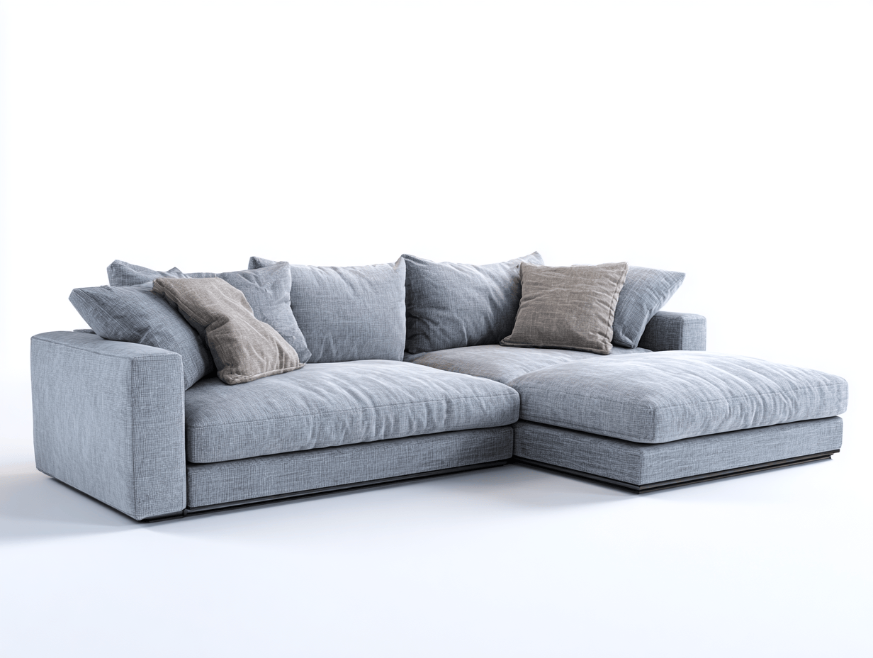 Divano angolare in tessuto 290×190×92 cm – grigio chiaro – con chaise longue e cuscini decorativi