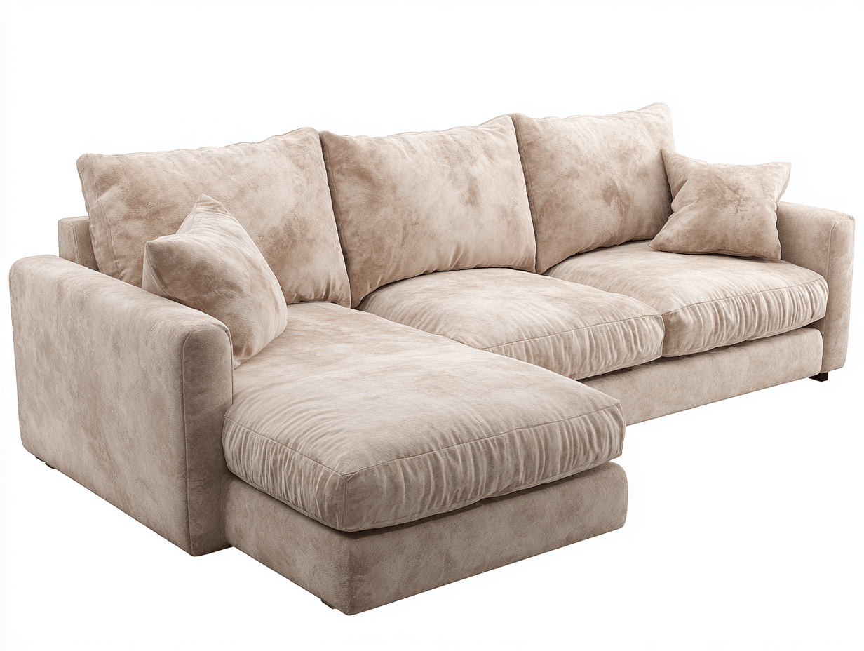Divano angolare tessuto 295×180 cm – beige – con chaise longue e cuscini