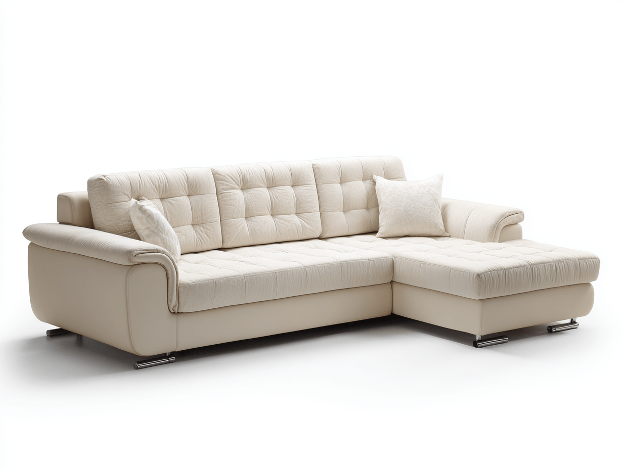 Divano angolare in tessuto 270×175×90 cm – avorio – con chaise longue e cuscini