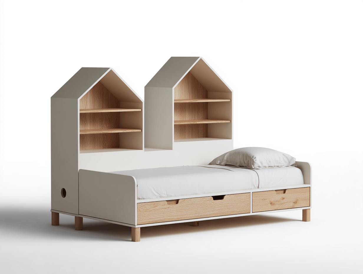 Letto per bambini in legno 160×80 cm – bianco/legno chiaro – con libreria integrata e cassetti