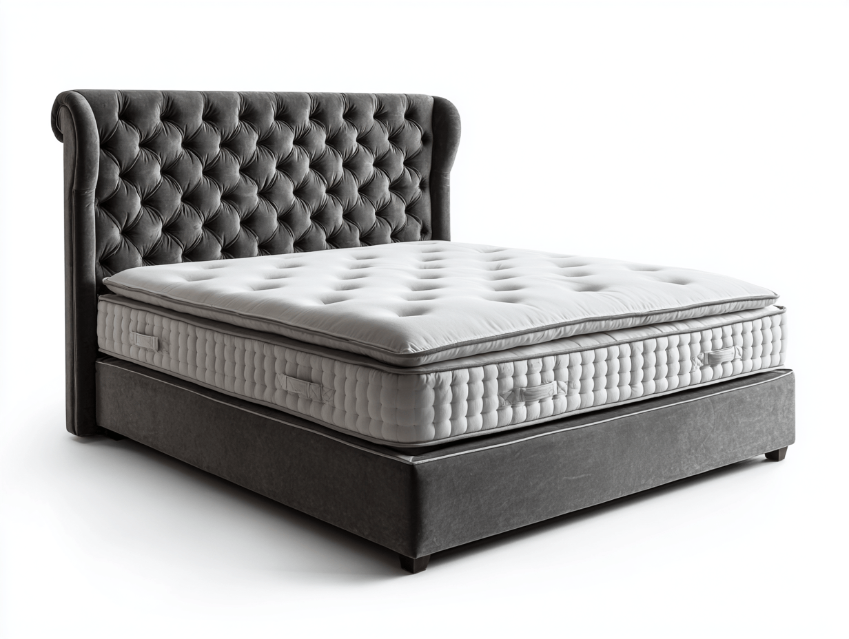 Letto boxspring imbottito 180×200 cm – velluto grigio – con materasso incluso e testiera capitonné