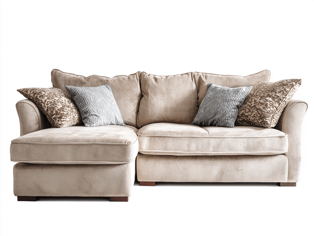 Divano angolare tessuto170×165 cm – beige – con chaise longue e cuscini decorativi