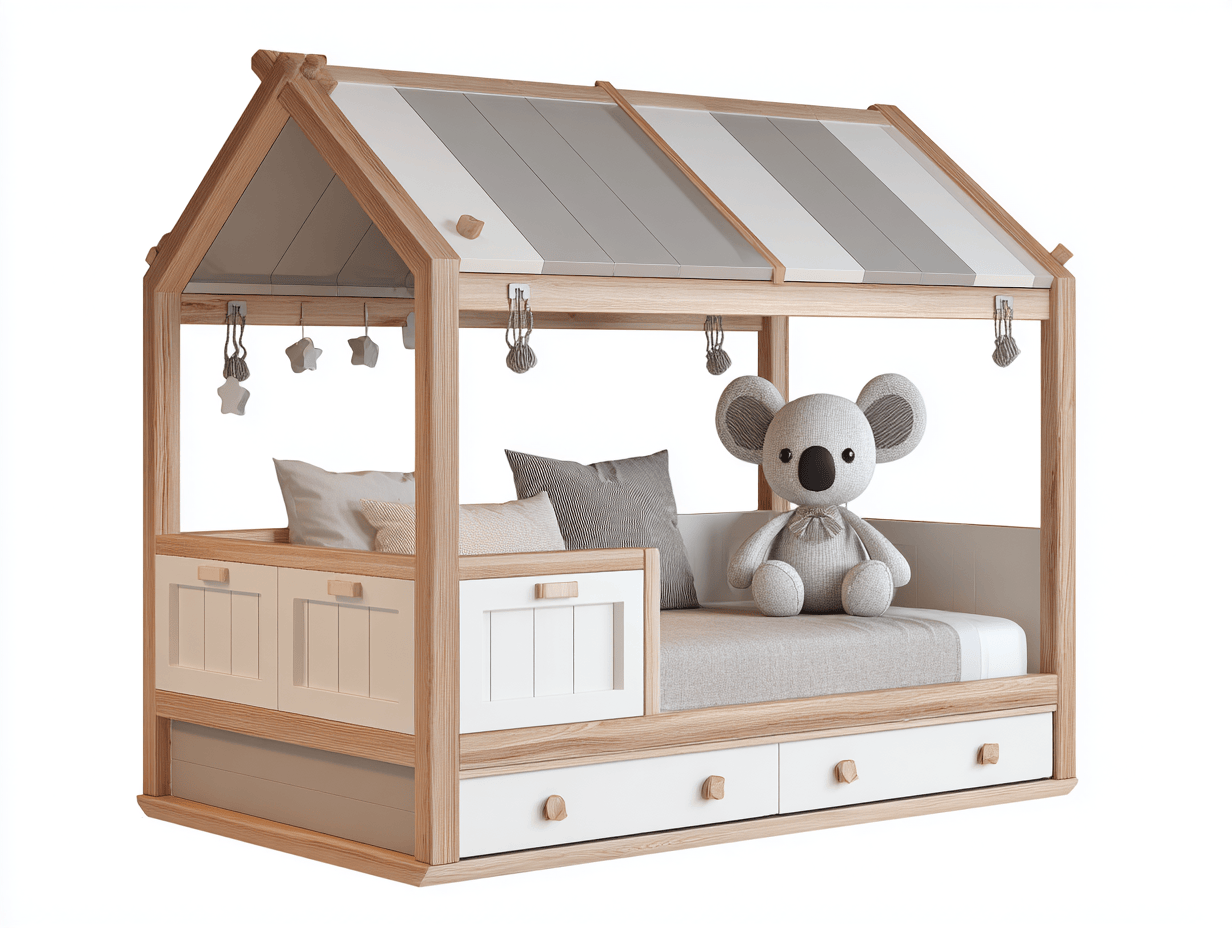 Letto a casetta con cassetti in legno massiccio e MDF 90×200 cm – bianco/grigio chiaro/naturale – con tetto colorato e sponde laterali-Comfyia