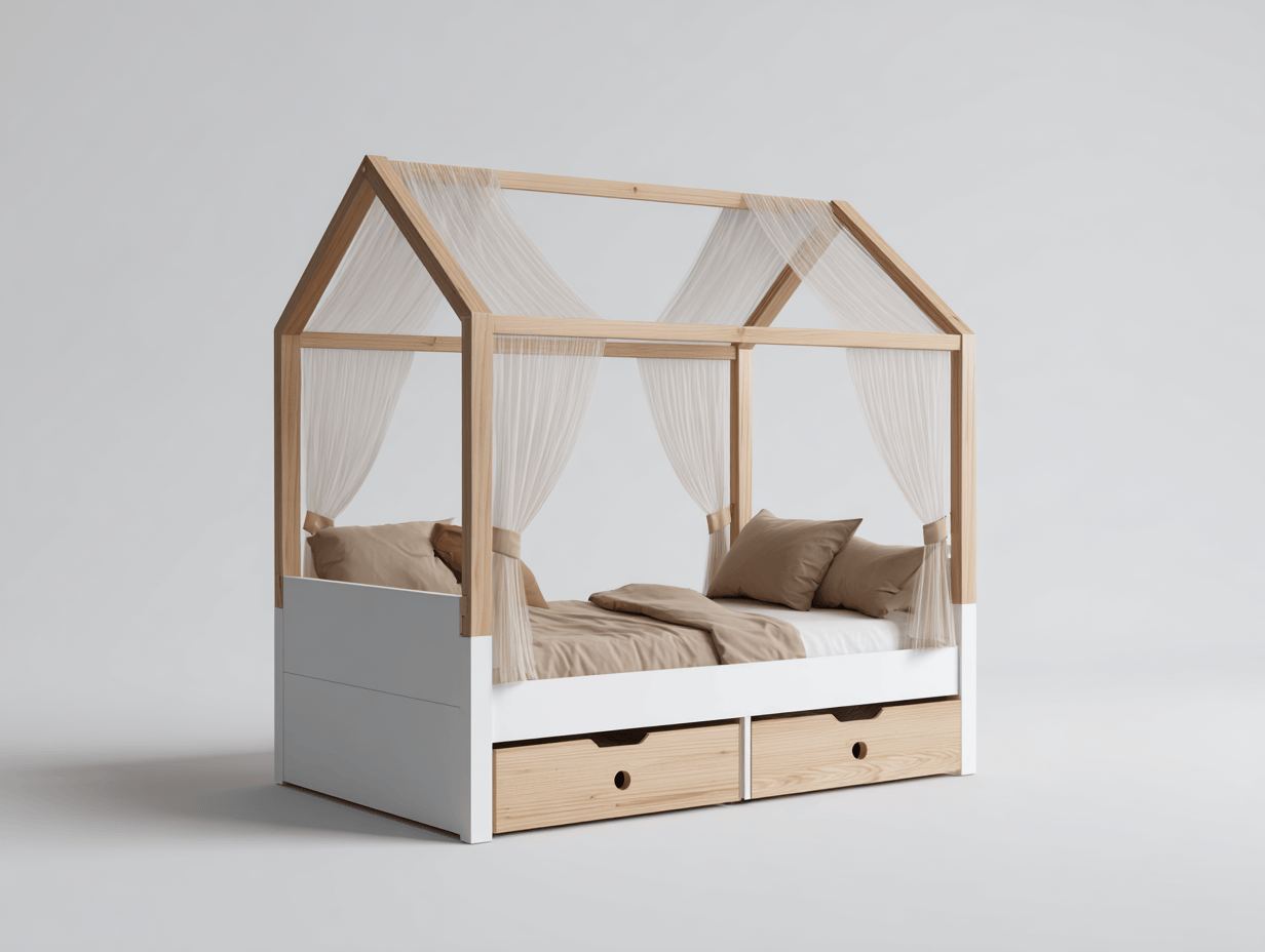 Letto a casetta con cassetti in legno di pino e MDF 90×200 cm – bianco/naturale – con tende decorative-Comfyia