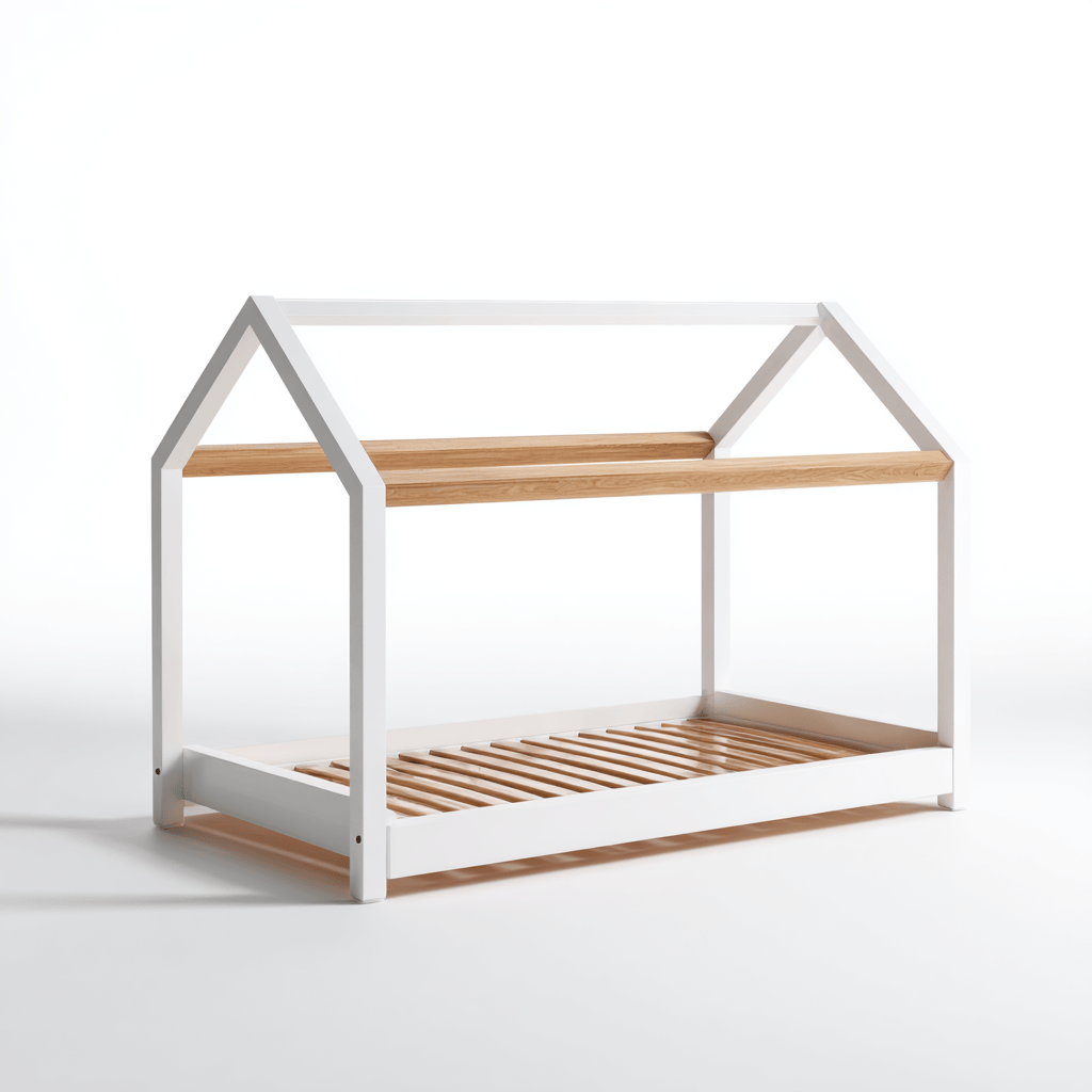 Letto a casetta in legno 160×80 cm – bianco/legno chiaro – con struttura aperta minimal