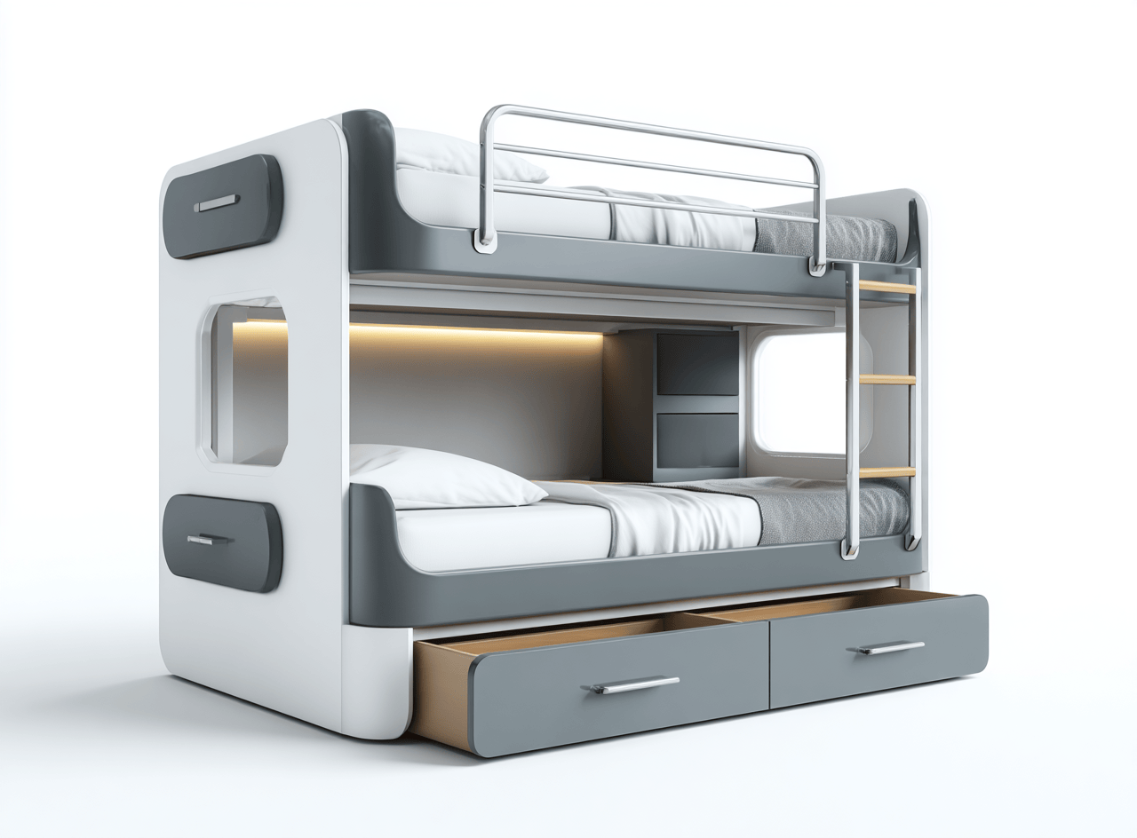 Letto a castello – bianco e grigio 205×105×168 cm – moderno con cassetti e dettagli integrati