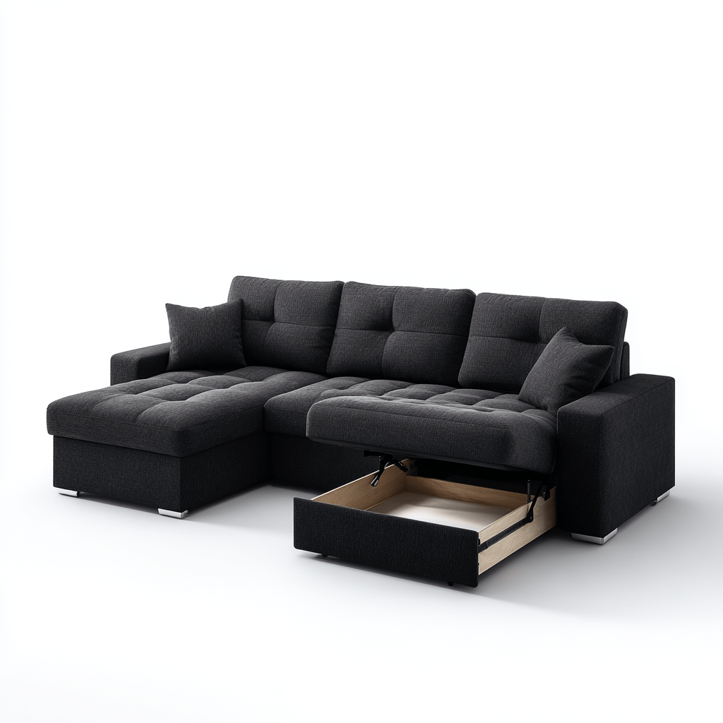 Divano angolare tessuto 270×170 cm – grigio scuro – con chaise longue e contenitore