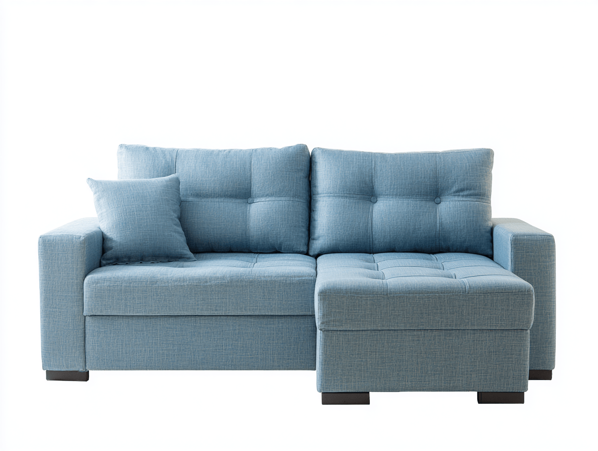 Divano angolare in tessuto 250×165×88 cm – blu – con chaise longue e cuscini