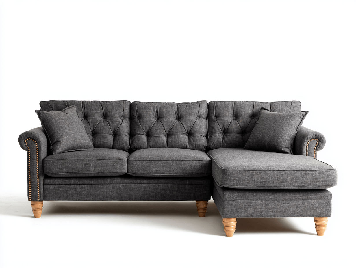 Divano angolare tessuto 280×175 cm – grigio scuro – con chaise longue e schienale trapuntato