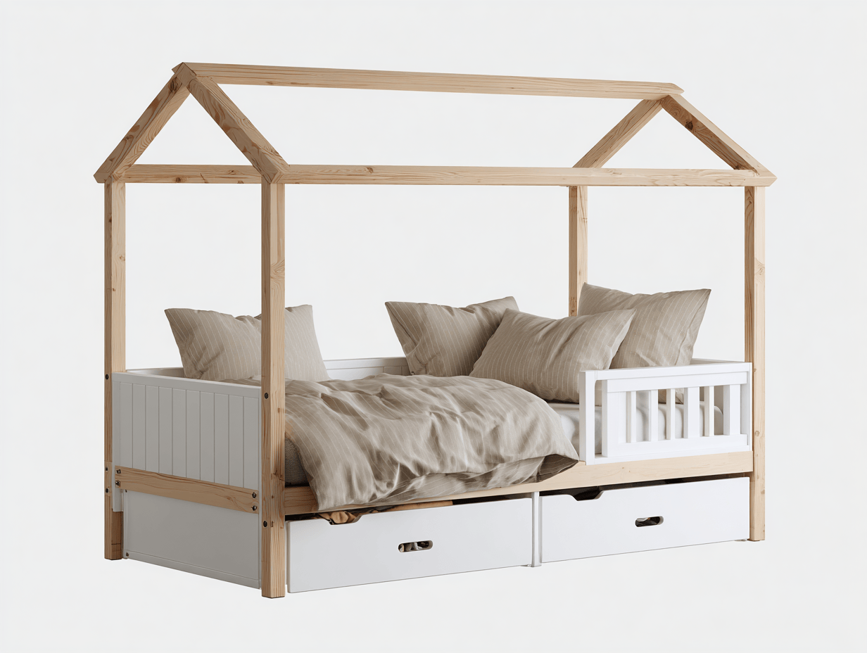 Letto a casetta con cassetti in legno di pino e pannelli bianchi 90×200 cm – naturale/bianco – con sponde protettive-Comfyia