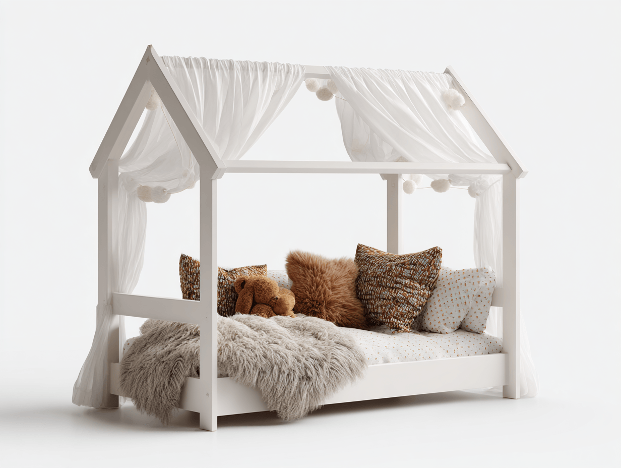 Letto a casetta in legno MDF 90×200 cm – bianco – con tende decorative e cuscini