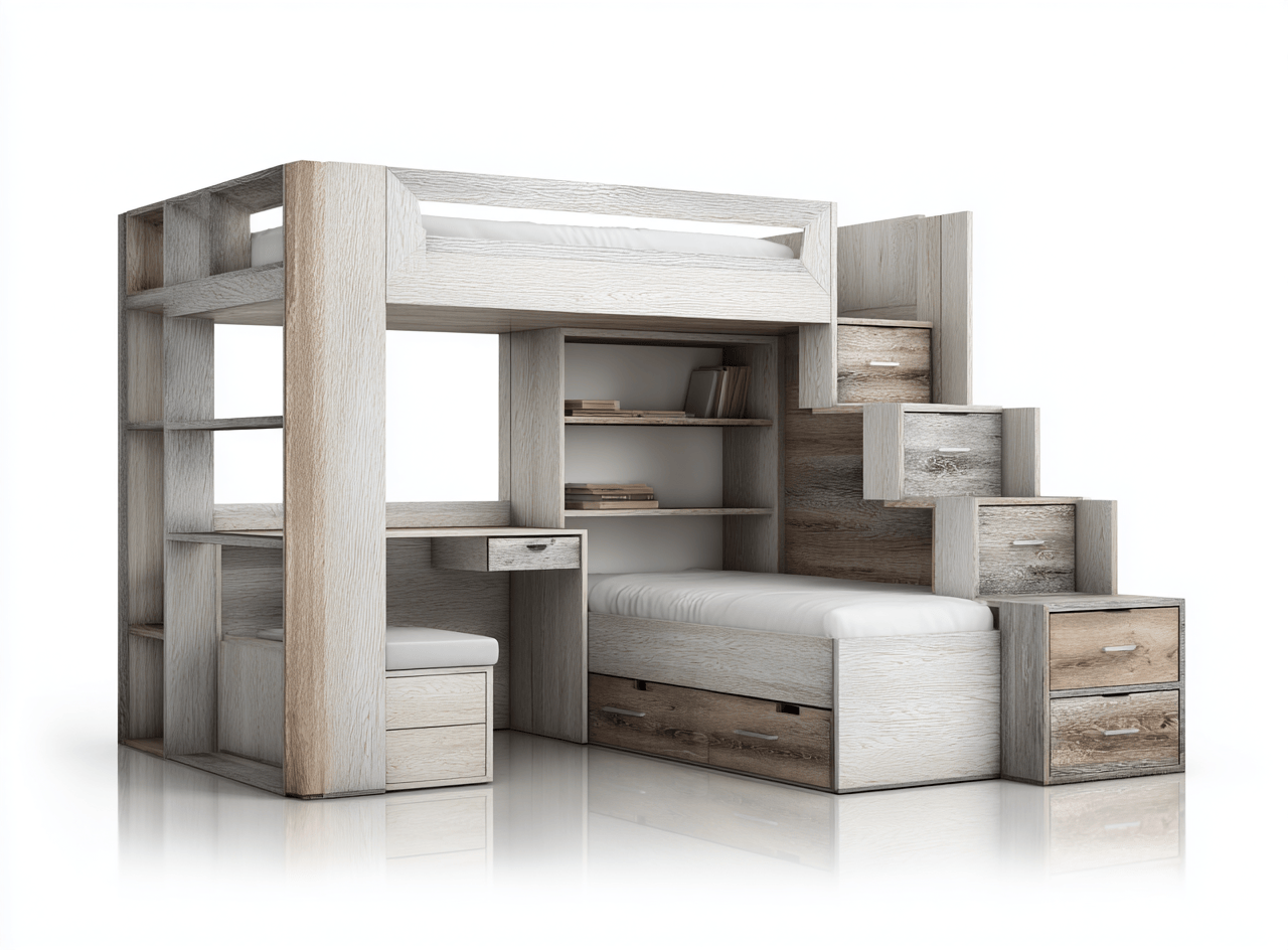 Letto a castello con soppalco – legno rovere bianco e grigio chiaro 210×125×180 cm – con scrivania, libreria e scala contenitore-Comfyia