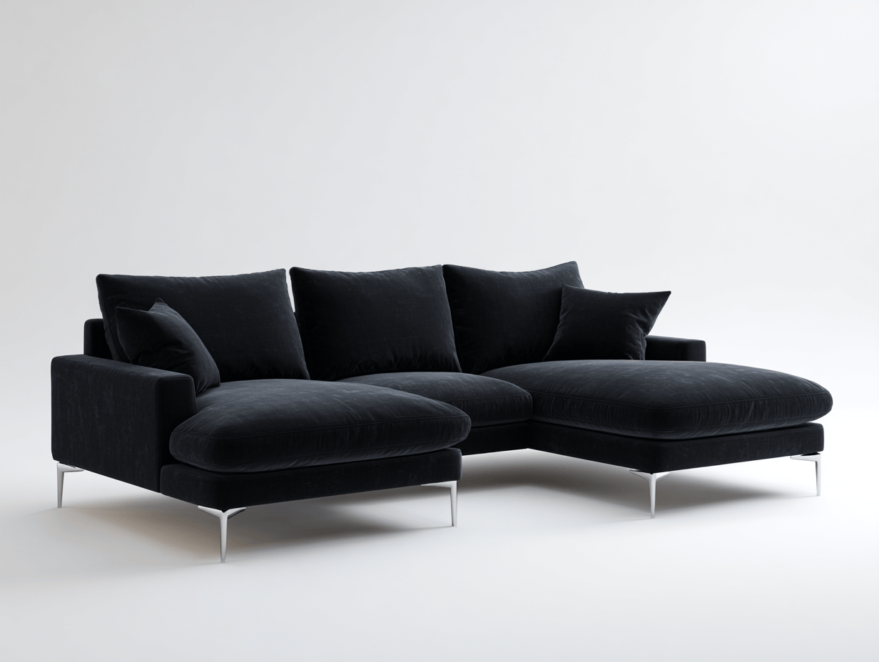 Divano angolare tessuto 285×180 cm – nero – con chaise longue e gambe sottili cromate