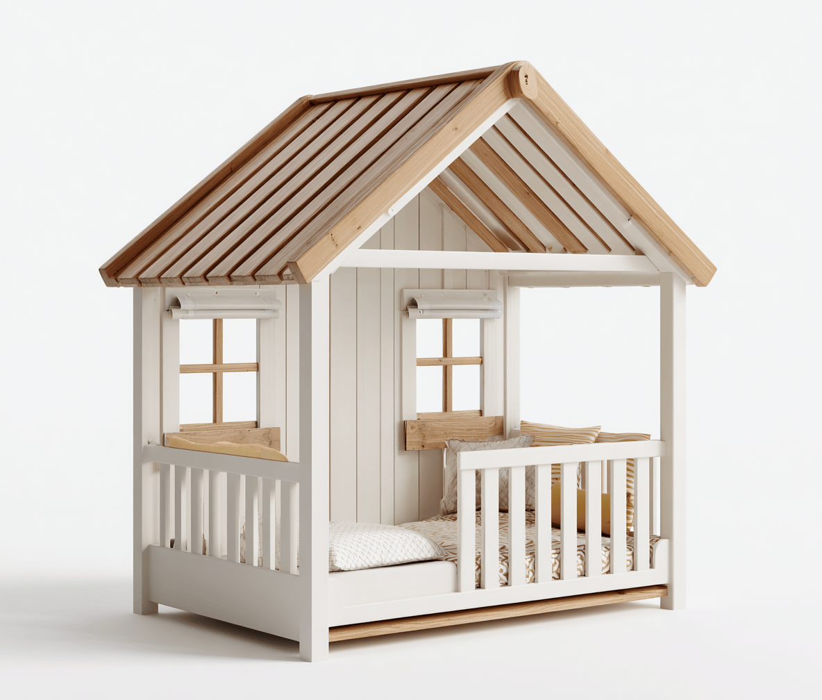 Letto a casetta in legno 160×80 cm – bianco/legno chiaro – con tetto finestre e cuscini