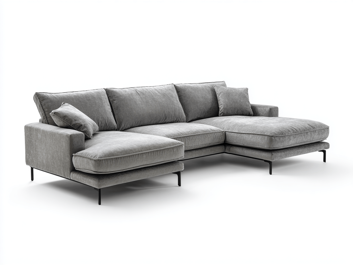 Divano angolare velluto 290×185 cm – grigio chiaro – con chaise longue e cuscini morbidi