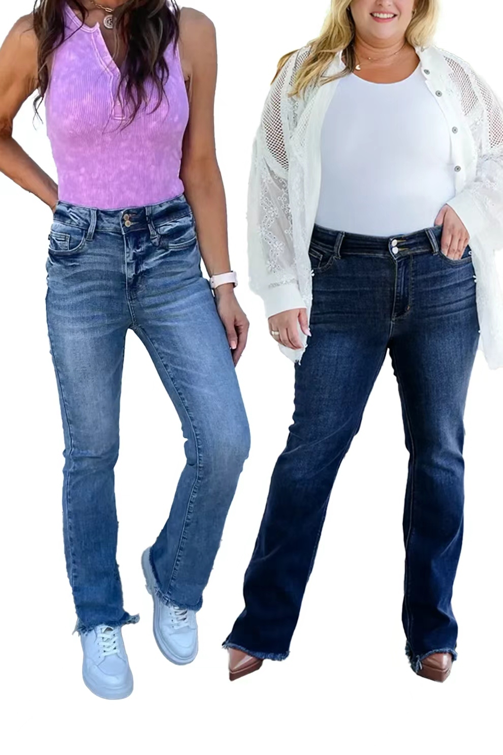 Vintage Double Button Frayed Hem Bootcut Jeans (Buy 2 Free Shipping)