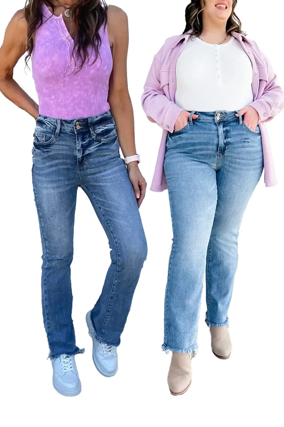 Vintage Double Button Frayed Hem Bootcut Jeans (Buy 2 Free Shipping)