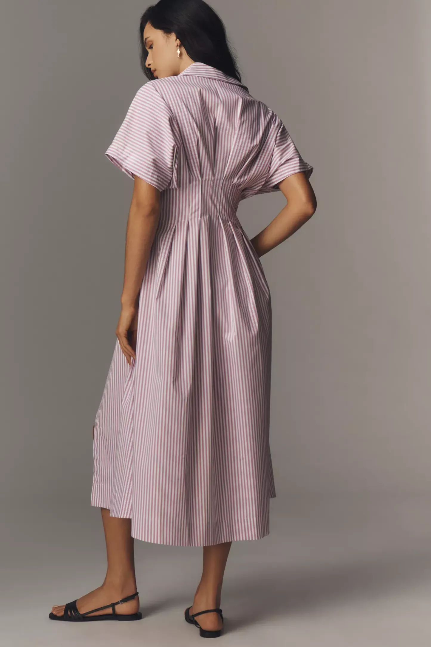 Button-Front Pleated Midi Shirt Dress (Buy 2 Free Shipping)