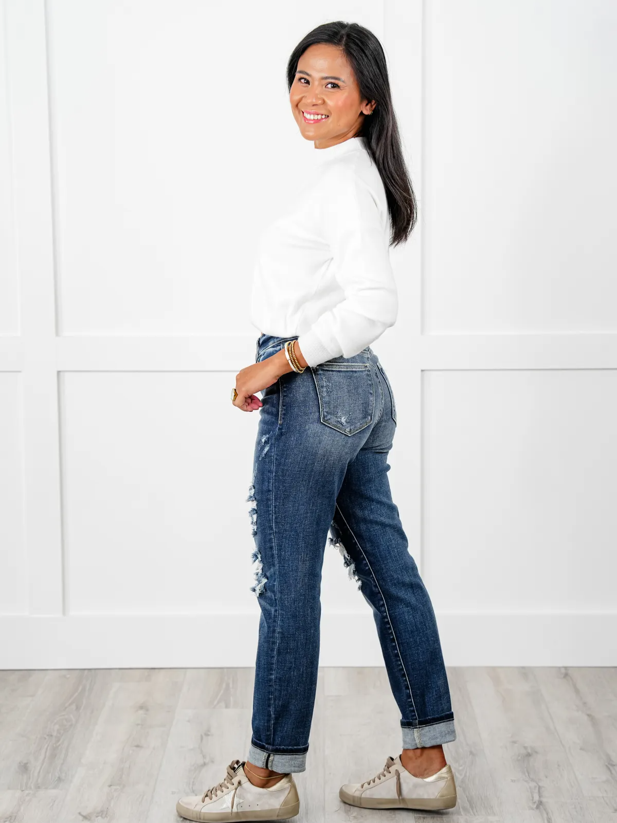 Tummy Control Distressed Cuffed Boyfriend Jeans (Buy 2 Free Shipping)