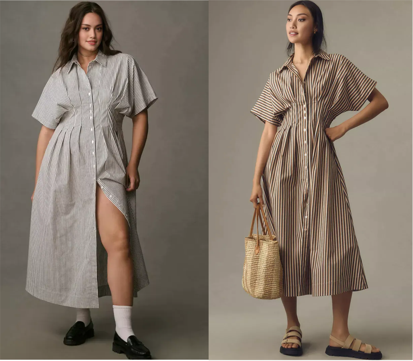 Button-Front Pleated Midi Shirt Dress (Buy 2 Free Shipping)