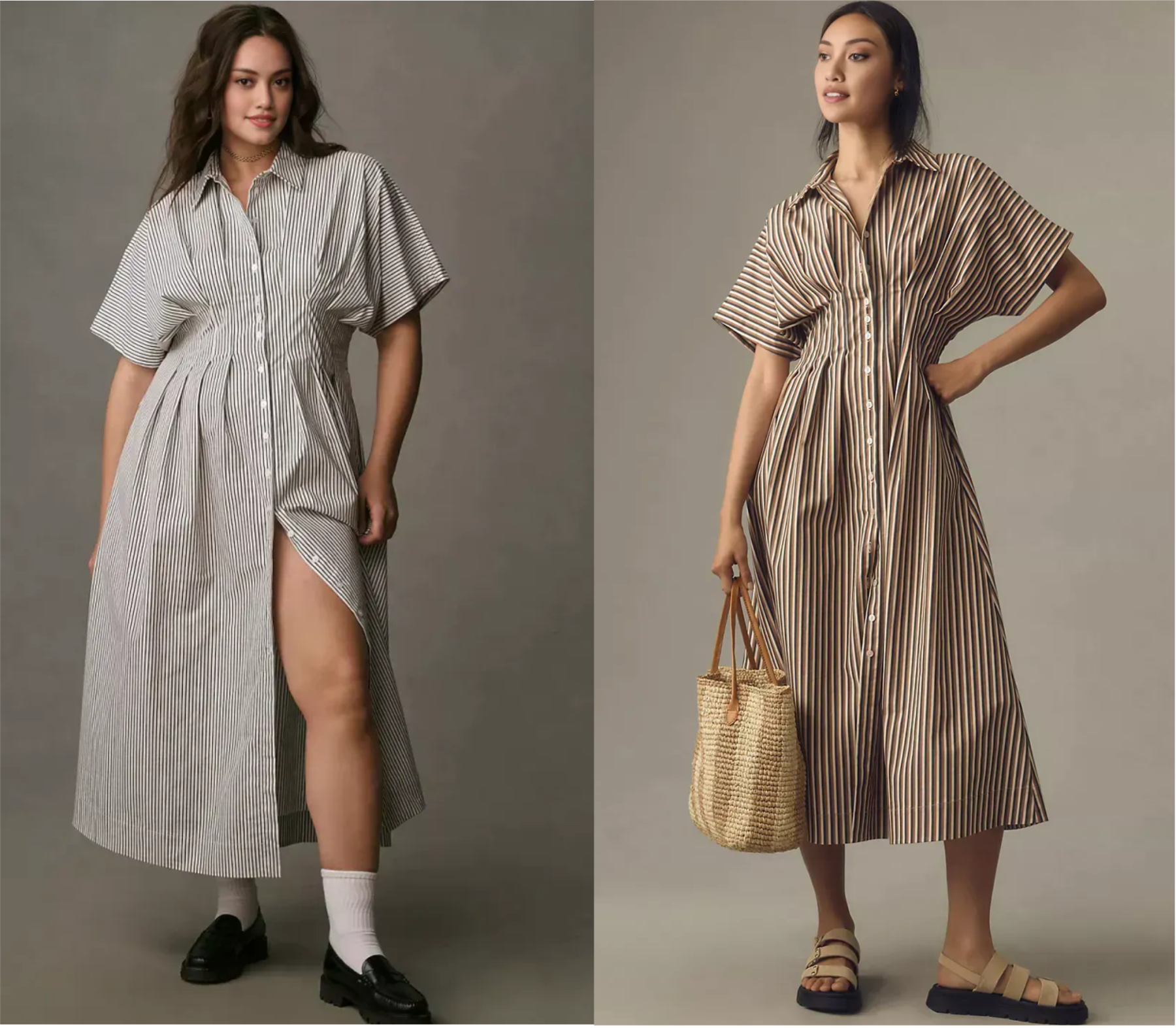 Button-Front Pleated Midi Shirt Dress (Buy 2 Free Shipping)