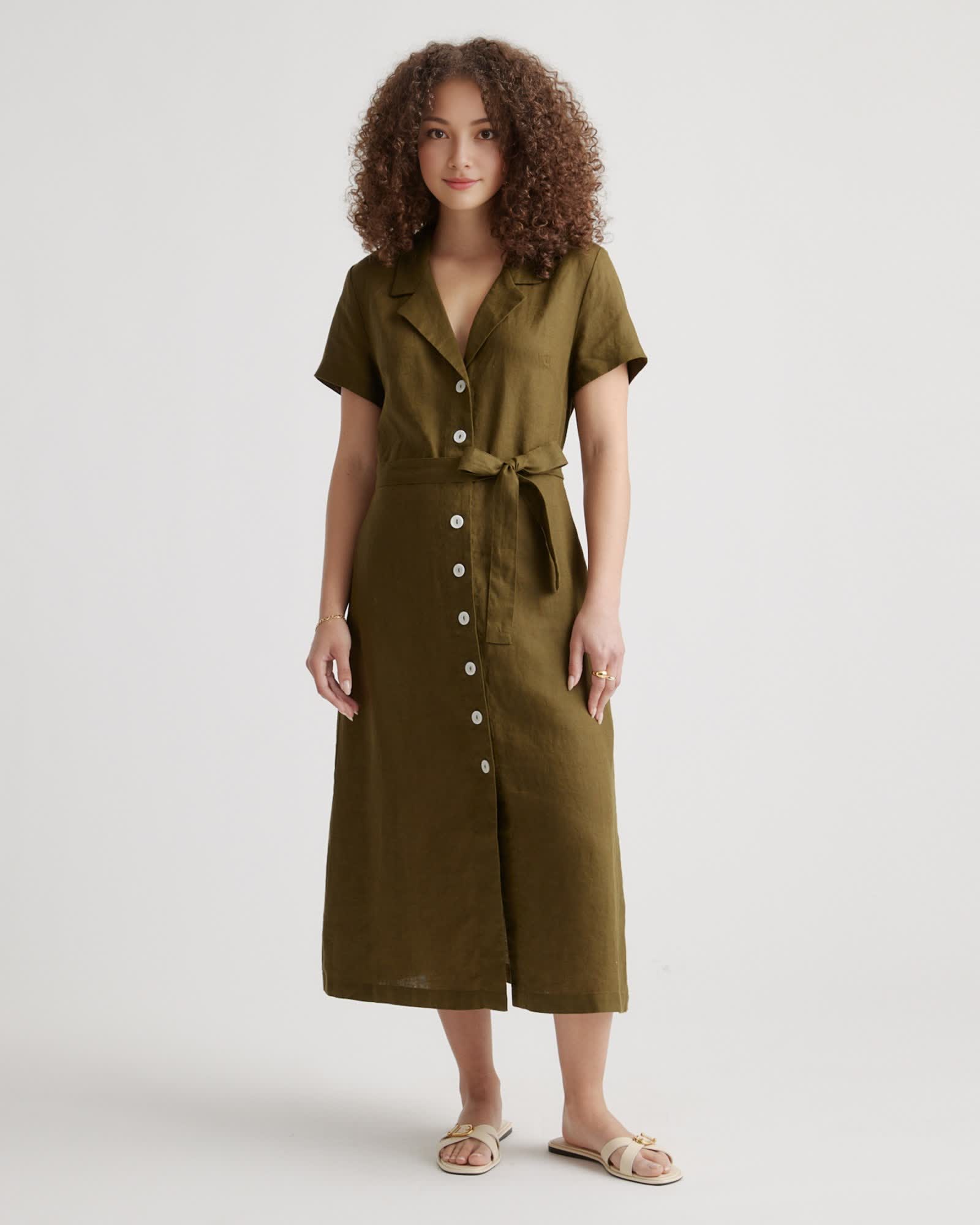 Linen Button Front Dress (Buy 2 Free Shipping)