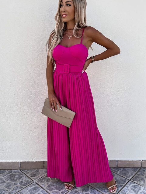 Summer Solid Jumpsuits For Women Spaghetti Straps Rompers  Fashion Casual Playsuits Wide Leg Pants Elegant Jumpsuit With Belt