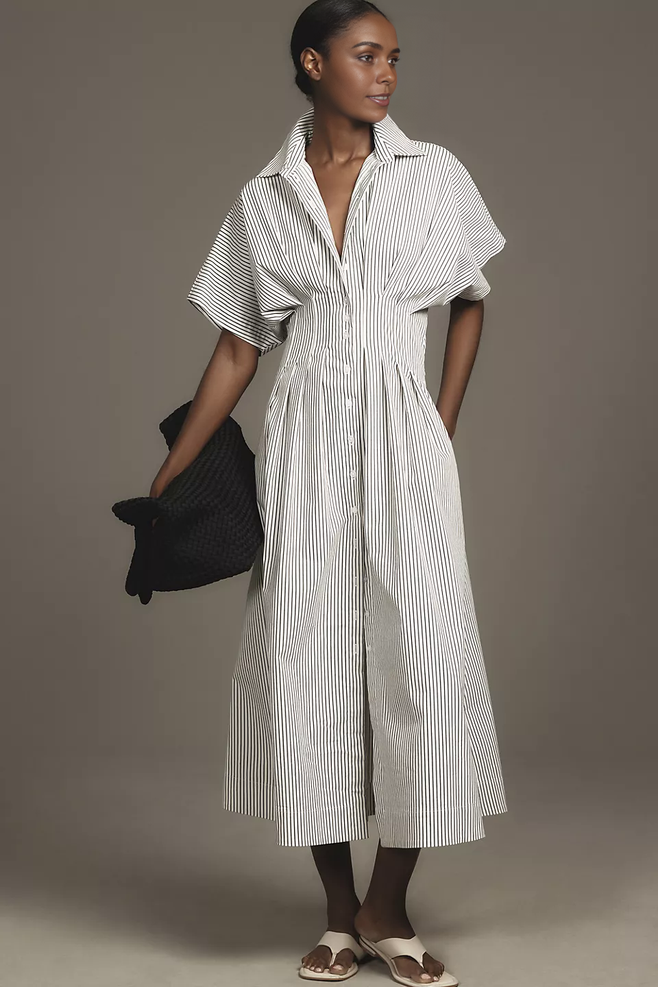 Button-Front Pleated Midi Shirt Dress (Buy 2 Free Shipping)