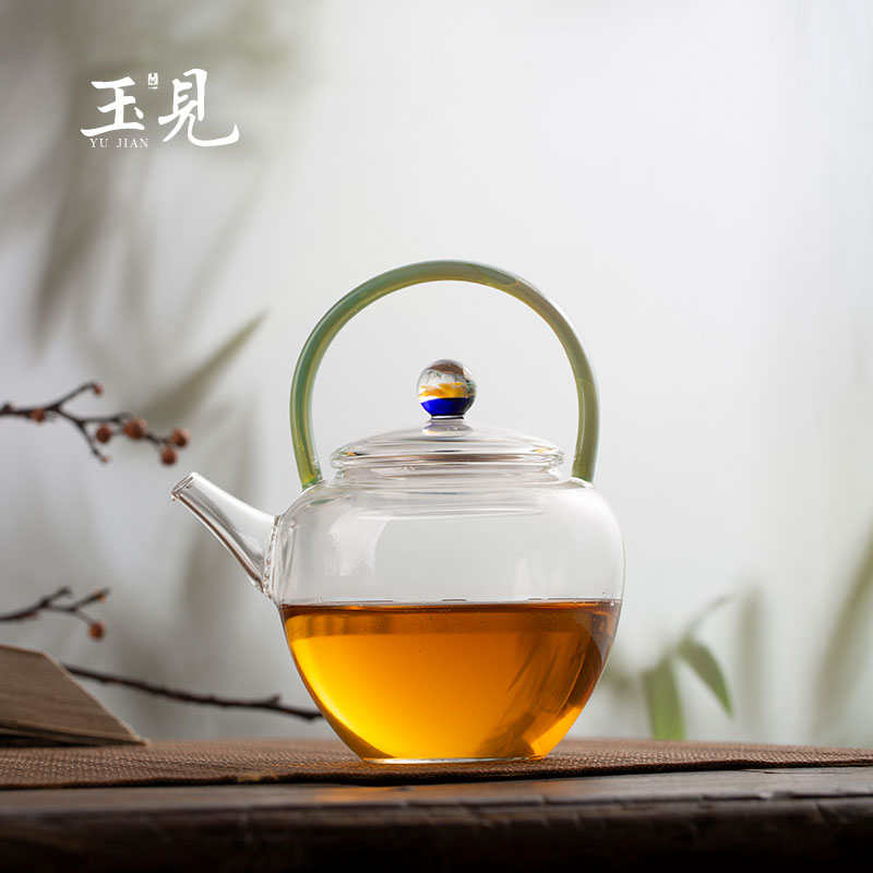 Handcrafted 220ml Borosilicate Glass Teapot – Qingying Handle Pot with Floral Lid